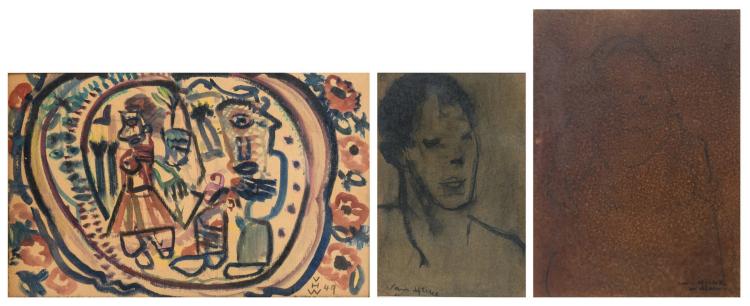 Van Hecke W., a portrait of a lady, charcoal, 14,5 x 21,5 cm; added Van Hecke W., a portrait of a child, pencil, 19 x 27 cm; extra added Van Hecke W., untitled, watercolour, dated 1949, 22 x 34,5 cm