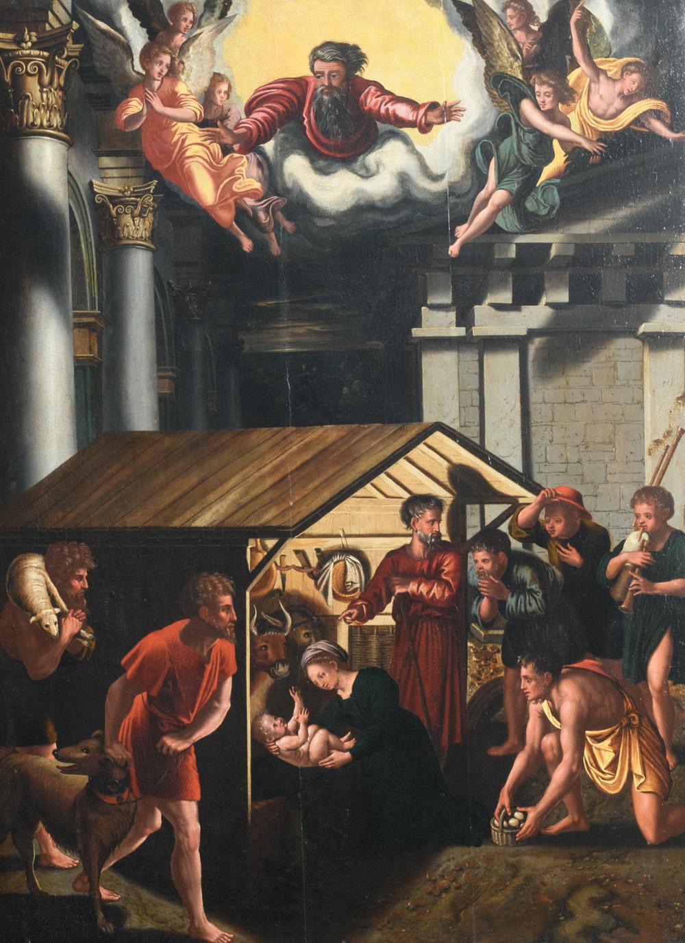 Unsigned, the adoration of the Magi, oil on panel, late 16thC, possibly French, 64 x 86 cm