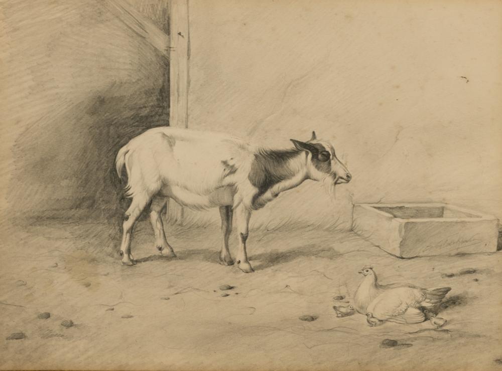 Verboeckhoven E., a goat and a hen with chickens in the yard, dated (18)77?, 21 x 28 cm