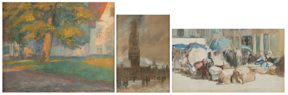 Van Middel M., a view on the Bruges Beguinage, oil on canvas, 40 x 48,5 cm; Middeleer J. (attributed to), the fishmarket in Bruges, watercolour, 28,5 x 50 cm; Constant F., a view on the Bruges Belfry, dated 1917, 22 x 32 cm