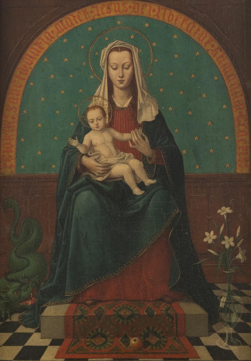 No visible signature, the Holy Virgin and Child, in the manner of the Flemish Primitives, oil on panel, late 19th / early 20thC 40 x 27,8 cm