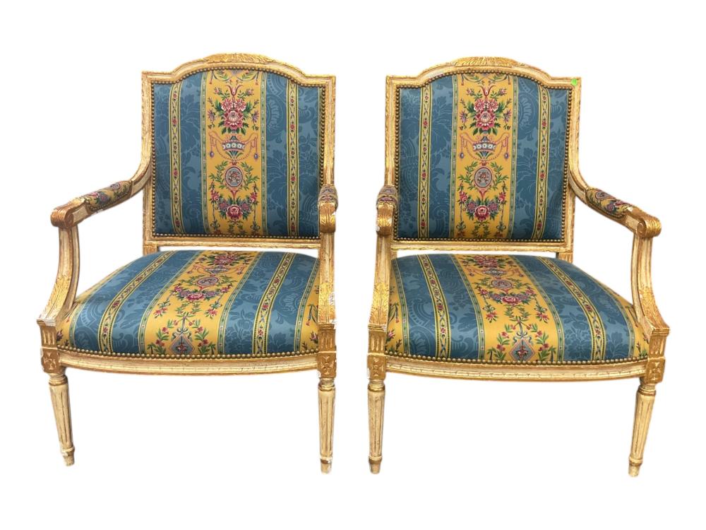 Pair of Louis XVI Style Giltwood Armchairs