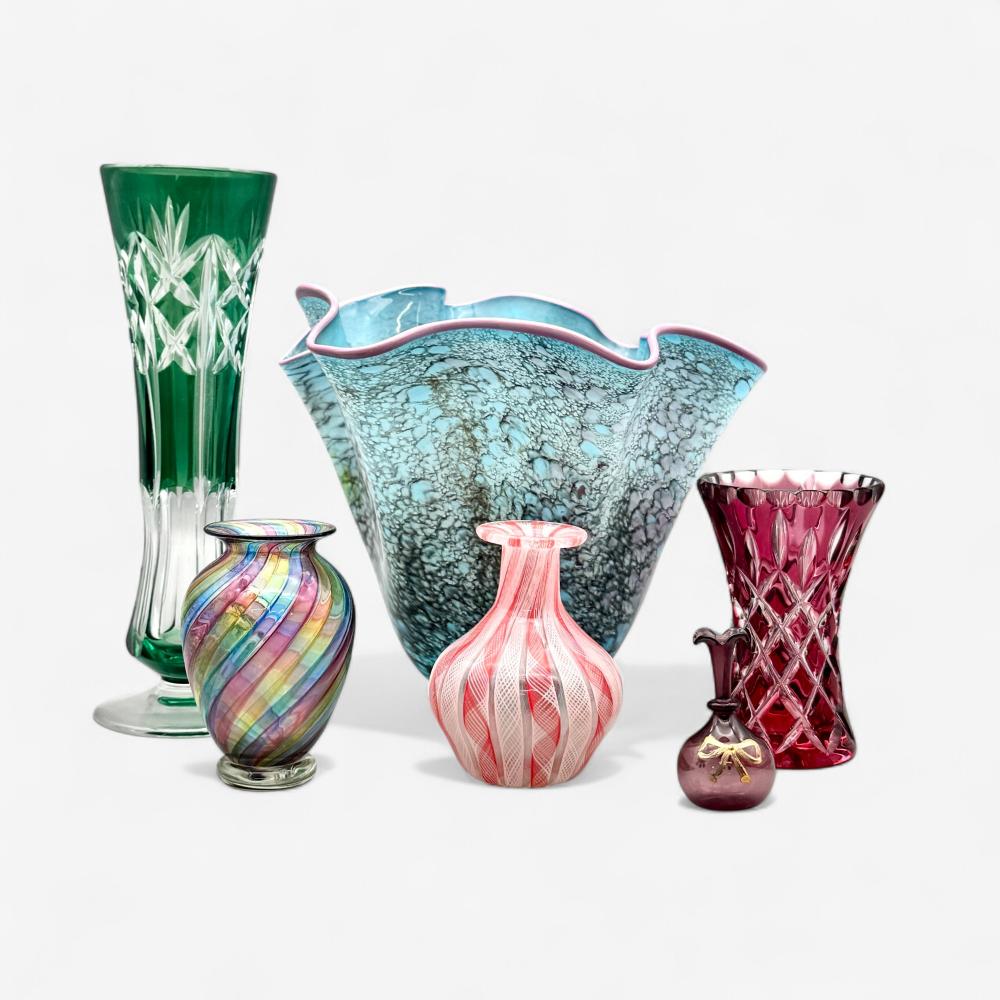 Group of Six Glass Vases, Some Signed