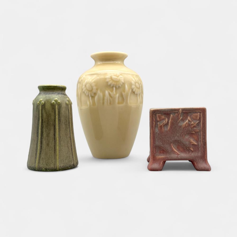 Three Rookwood Items. Two vases and a matchholder.