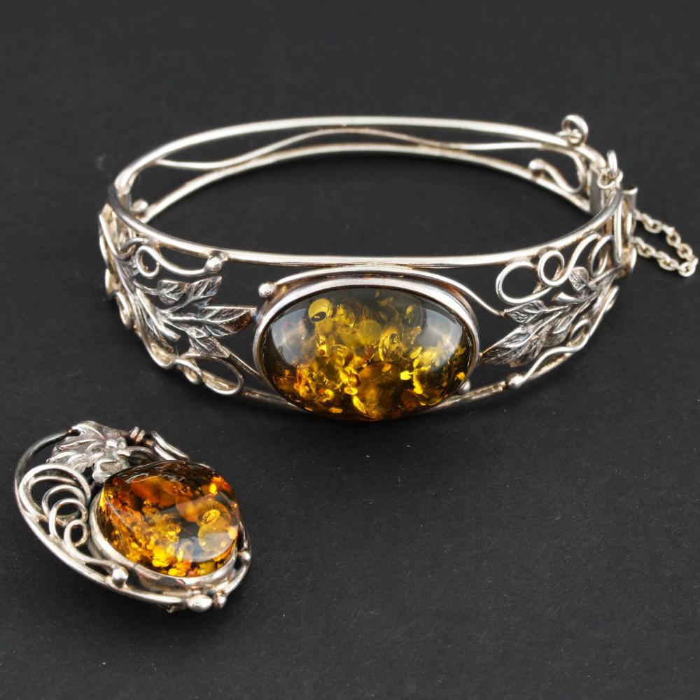 Sterling Silver Amber Bangle Bracelet and Brooch