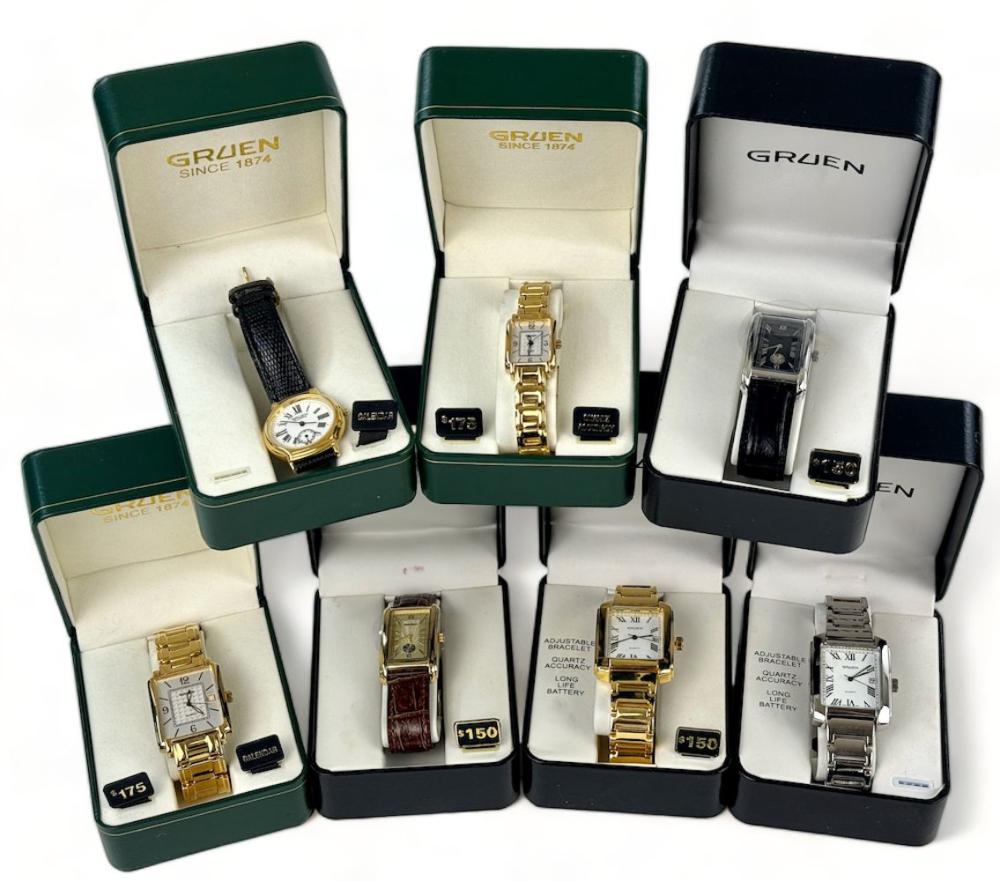 Group of 7 Gruen Men's Wristwatches in Original Cases