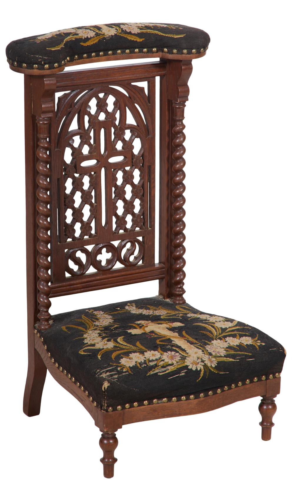 French Louis XIII Style Needlepoint Carved Walnut Prie Dieu, late 19th c., H.- 34 1/2 in., W.- 18 in., D.- 18 in.