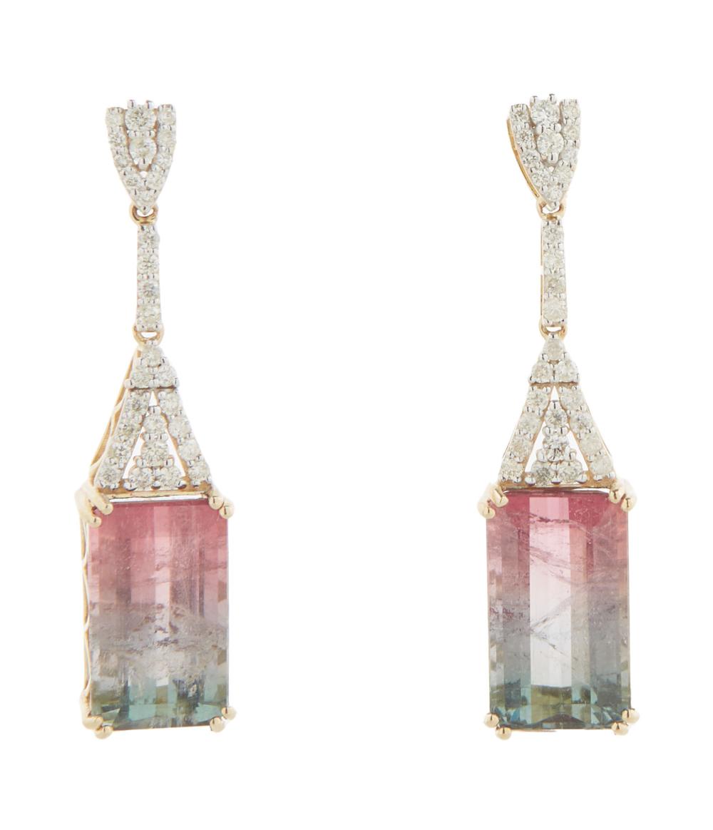 Pair of 14K Yellow Gold Earrings with diamonds and watermelon tourmaline