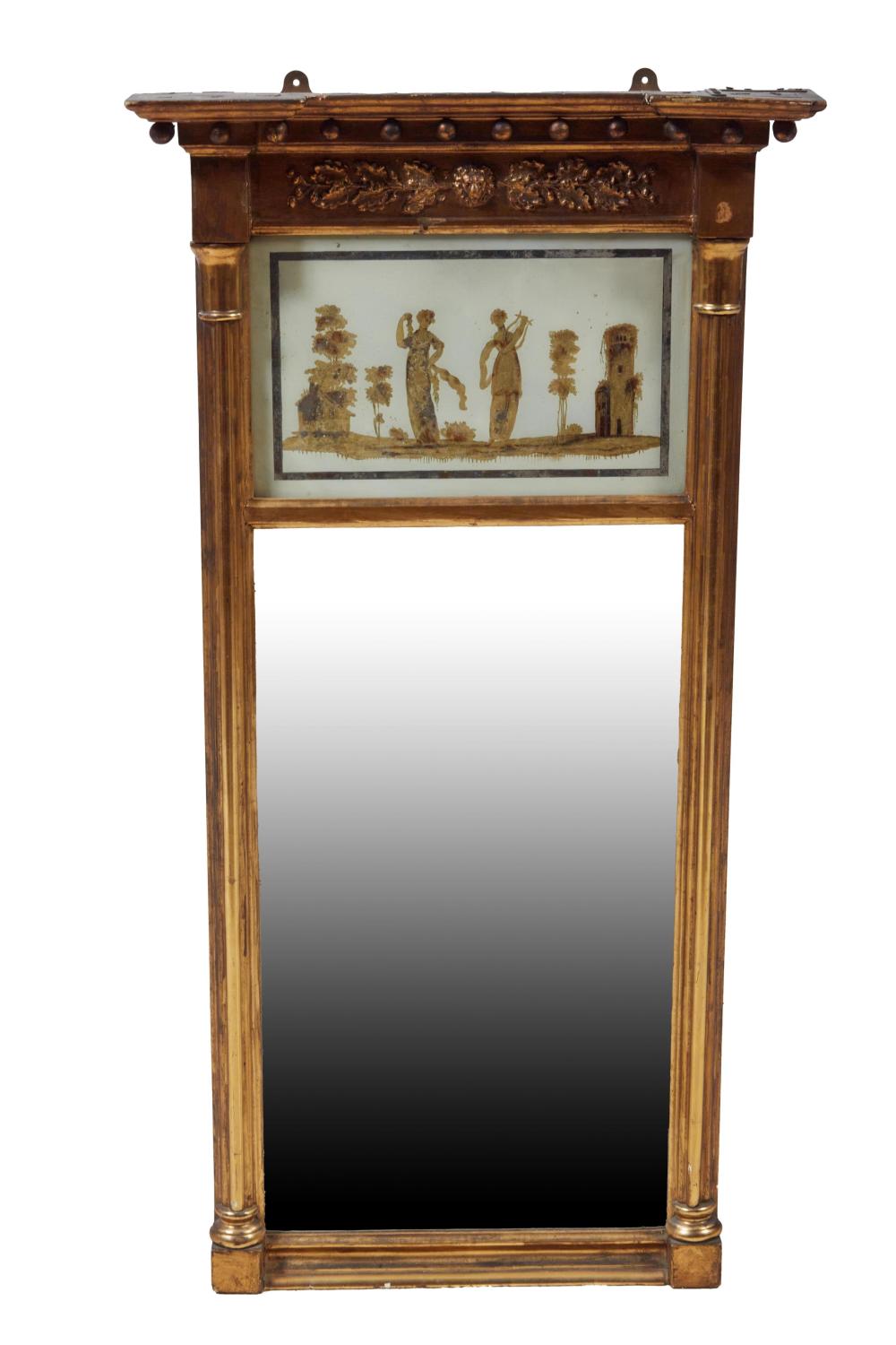 American Federal Eglomise Tabernacle Mirror, early 19th c., H.- 45 in., W.- 23 3/4 in.