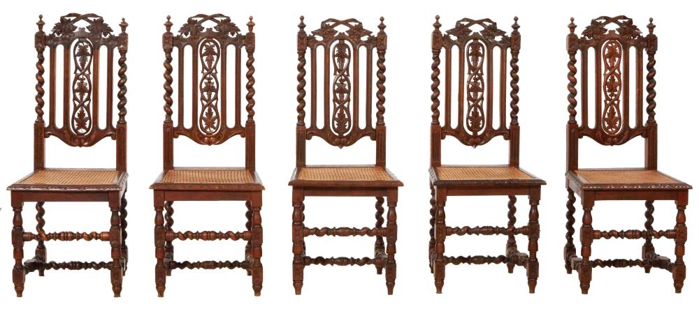 Set of Five French Henri II Style Carved Walnut Side Chairs, 19th c., H.- 42 1/2 in., W.- 17 1/2 in., D.- 17 in. (5 Pcs.)