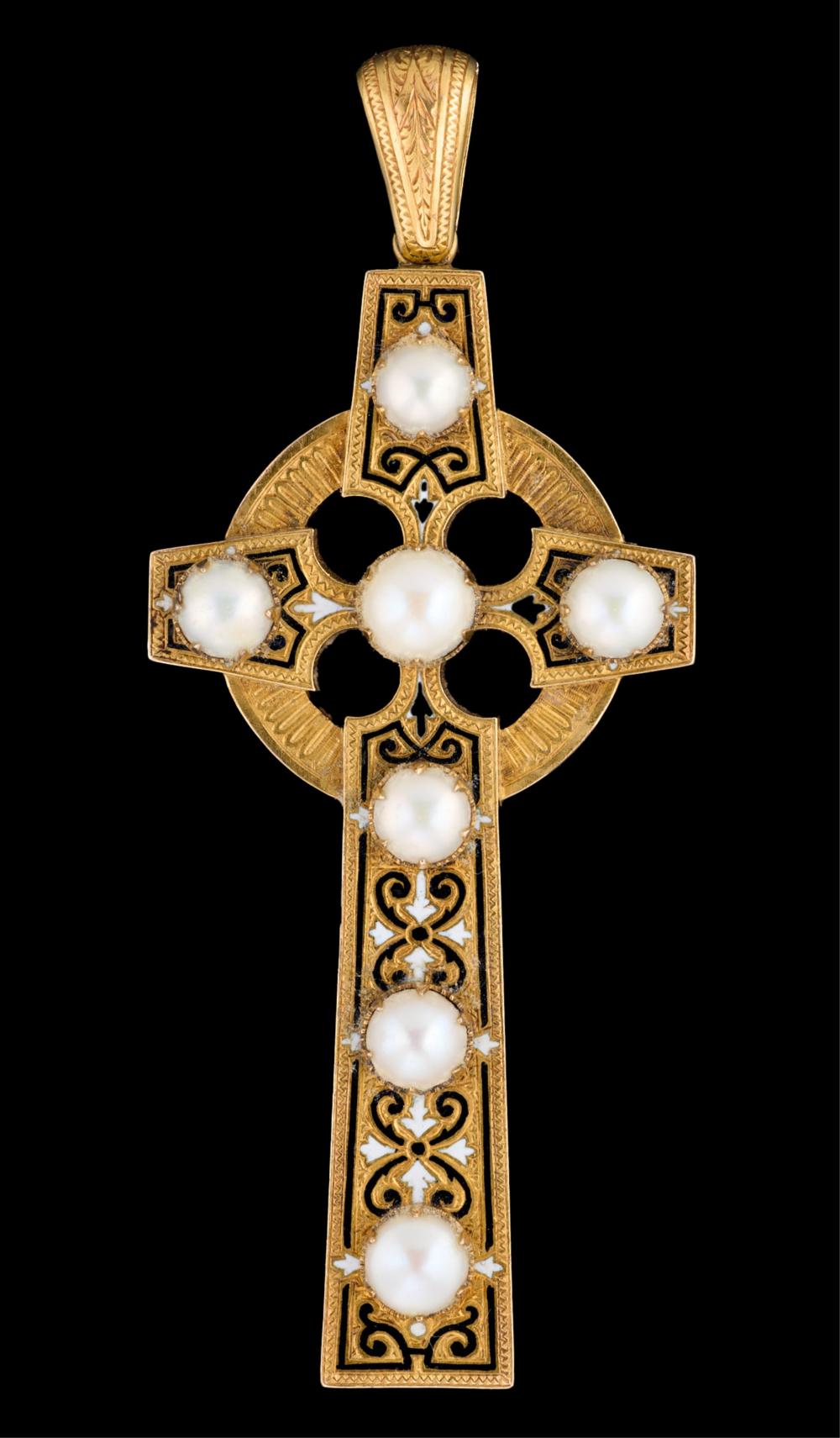 20K Yellow Gold Enamel and Pearl Cross Pendant, App. Wt.- 15.86 grams; H.- 3 7/16 in., W.- 1 7/16 in.