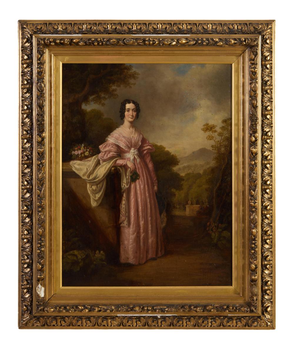 William John Thomson, R.A./R.S.A. (American/Scottish, 1771-1845), "Portrait of a Lady in a Garden, Probably Mrs. William (Mary) Somerville (1780-1872)," 1837, H.- 24 in., W.- 17 5/8 in., Framed H.- 31 3/8 in., W.- 26 in.