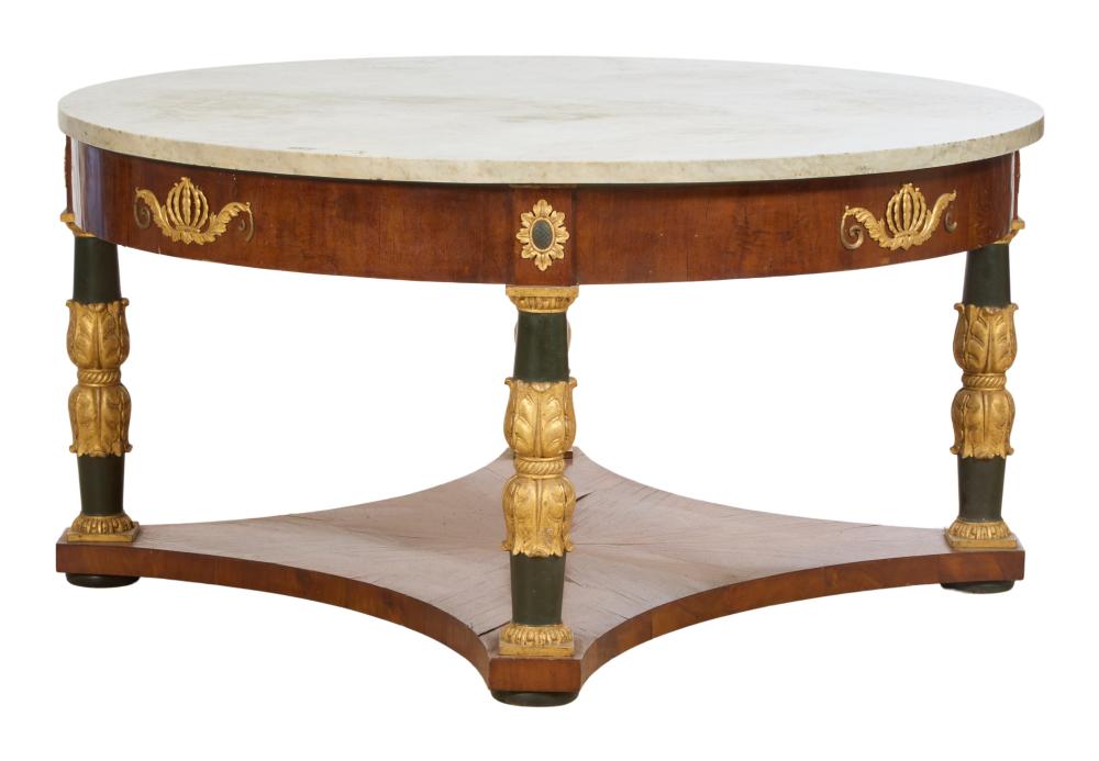 Large Exceptionally Rare French Empire Marble Top Gilt Vert Mahogany Center Table, early 19th c., H.- 31 in., Dia.- 60 in.