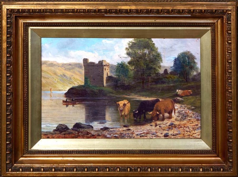 James Middleton (British, 1855-1931), "Cows Drinking Water," 1901, oil on canvas, signed and dated lower right, presented in a gilt frame, H.- 11 3/8 in., W.- 17 1/4 in., Framed H.- 20 in., W.- 26 in.