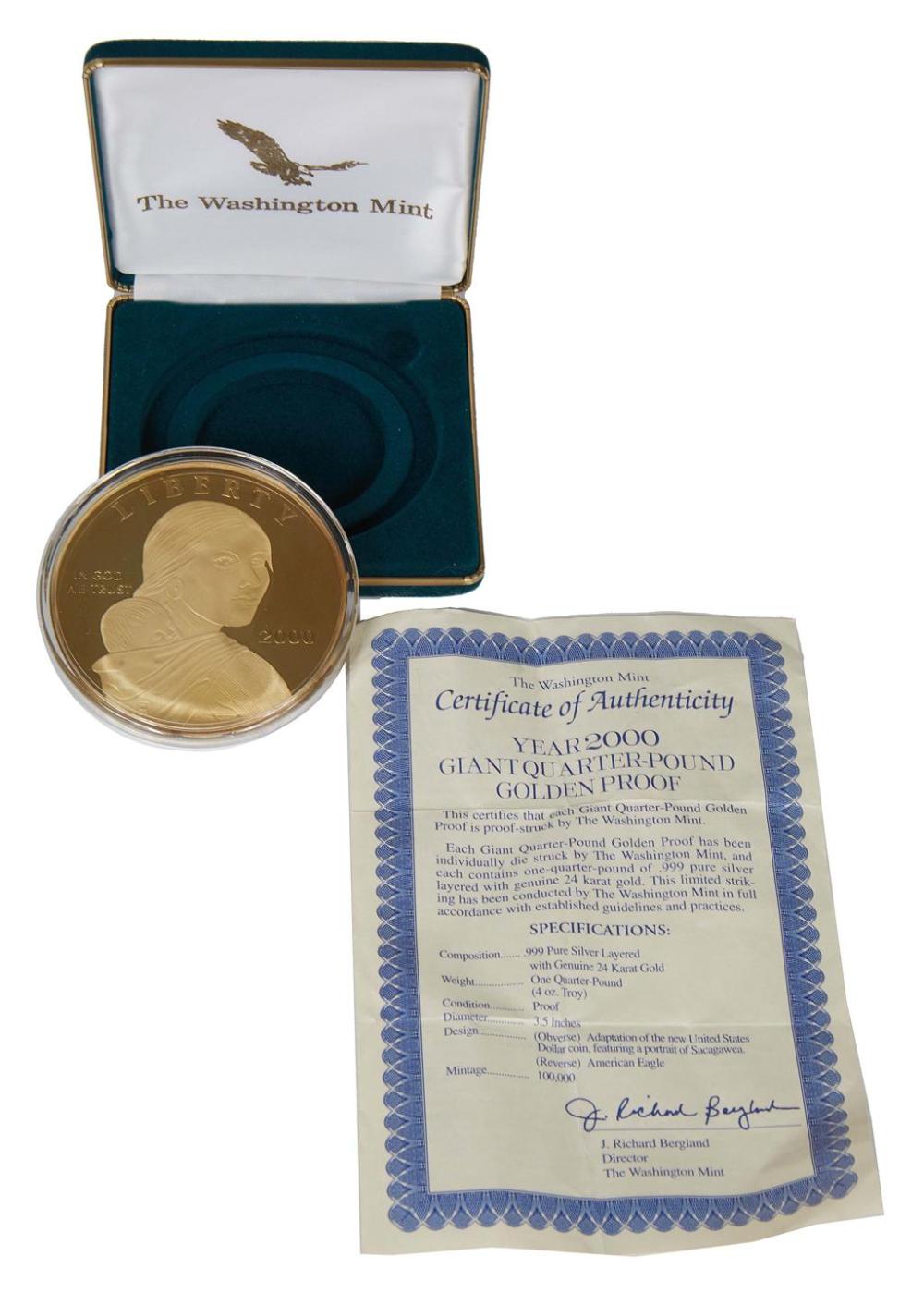 Large Gold Washed .999 Sterling Medallion, of Sacagawea, by the Washington Mint, H.- 1/8 in., Dia.- 3 5/8 in., W.- 4 Oz.