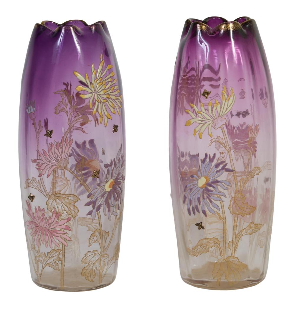 Pair of Moser Style Blown Glass Tall Vases, early 20th c., Each- H.- 13 1/4 in., Dia.- 5 1/2 in. (2 Pcs.)