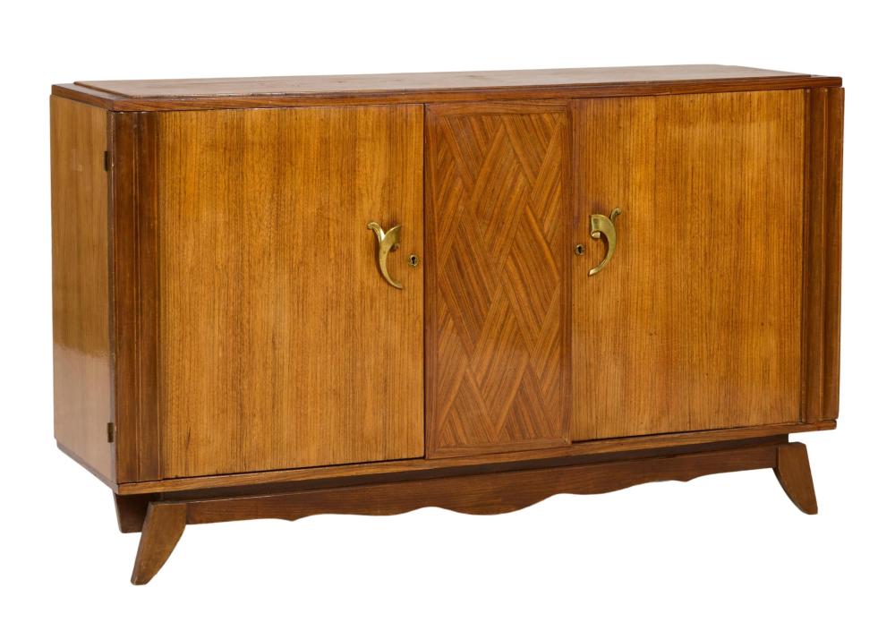 French Art Deco Parquetry Oak Sideboard, early 20th c., H.- 40 in., W.- 67 in., D.- 19 1/2 in.