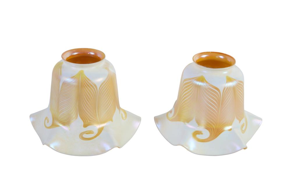Pair of Quezal Art Glass Pulled Feather Floriform Trumpet Shades, early 20th c., Each- H.- 4 1/2 in., Dia.- 6 in. (2 Pcs.)