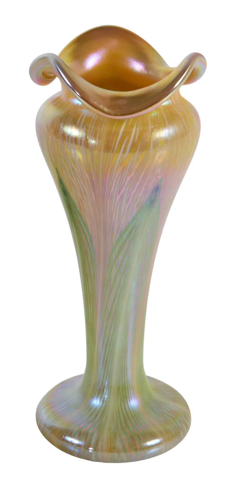 Quezal Art Glass Baluster Trumpet Vase, 20th c., H.- 7 3/8 in., Dia.- 3 in.
