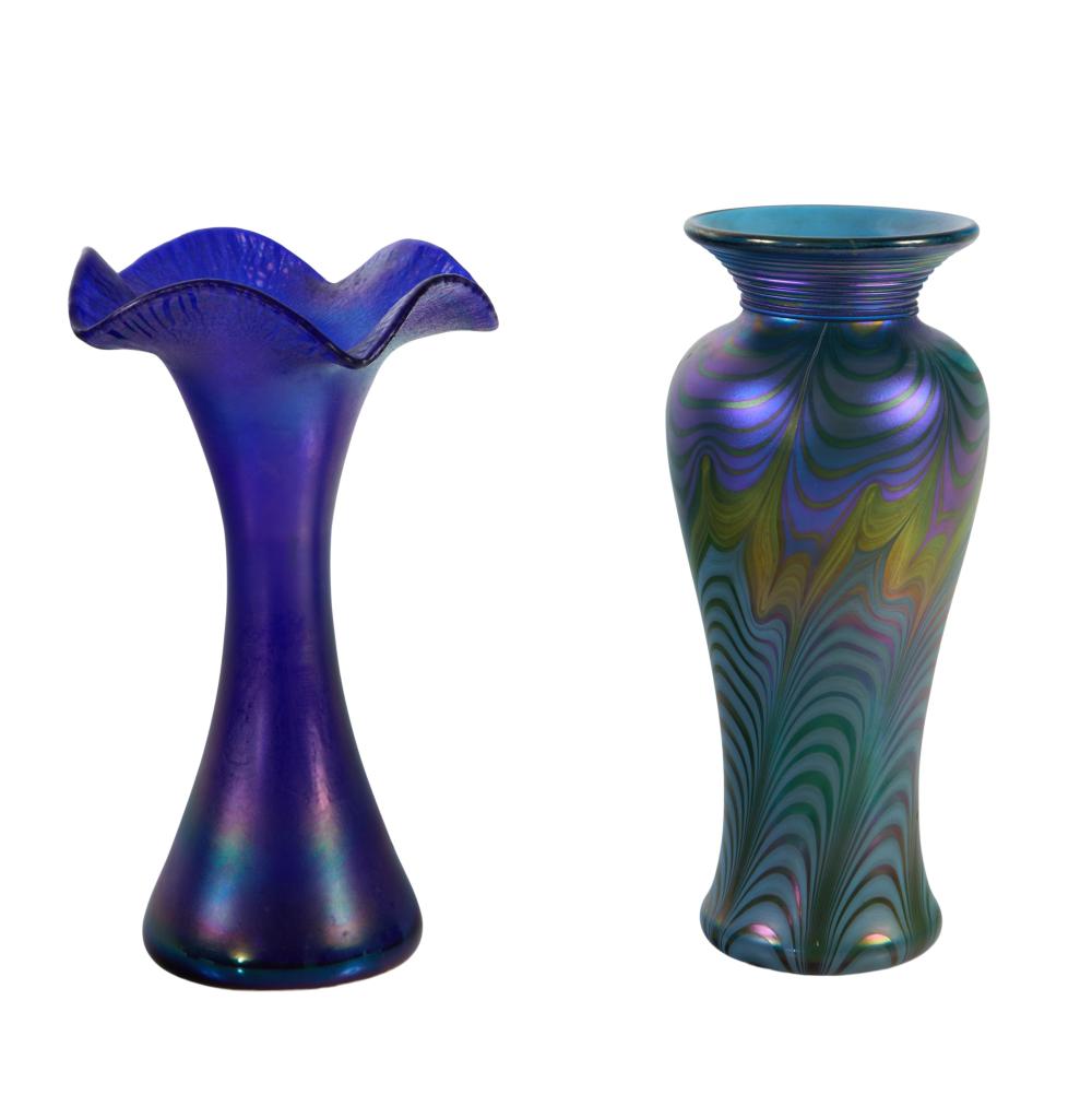 Two Art Glass Vases, early 20th c., Feather- H.- 10 3/8 in., Dia.- 4 1/2 in.; Loetz- H.- 10 in., Dia.- 6 in. (2 Pcs.)