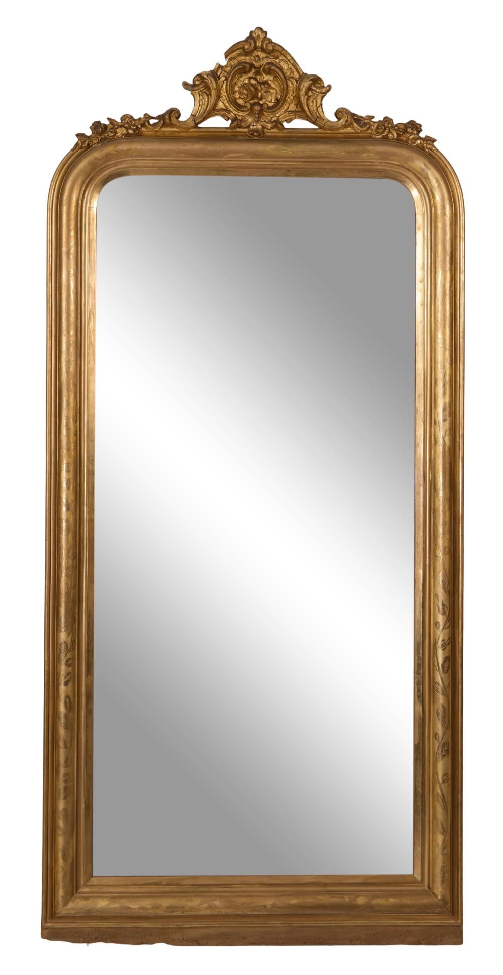 French Louis Philippe Giltwood and Gesso Overmantel Mirror, mid 19th c., H.- 70 in., W.- 32 1/2 in.