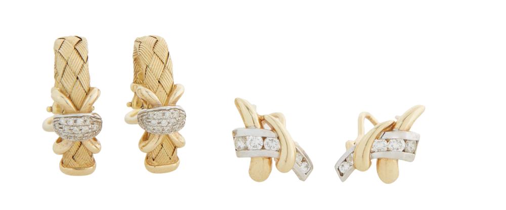 Two Pair of 14K Yellow Gold and Diamond Pierced Earrings, 20th c., Wt.- .58 Troy Oz. (4 Pcs.)