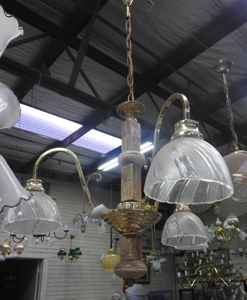 A Marble and Travertine Three Arm Pendant Light