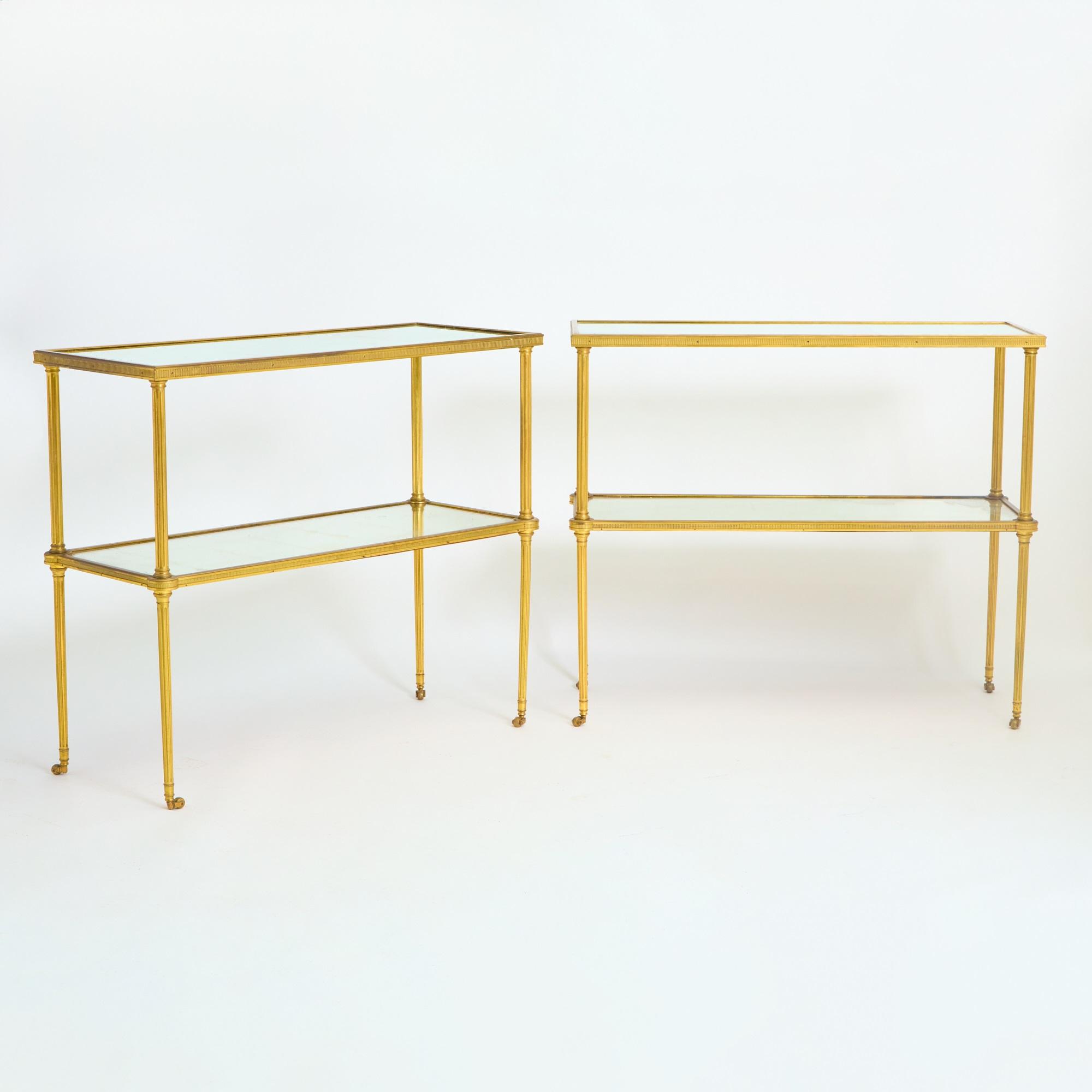 At Auction: Pair of Mirrored Brass Two-Tier Tables