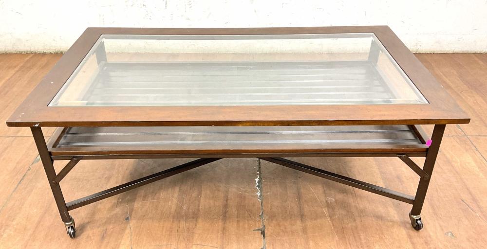 Transitional Glass Top Coffee Table On Casters