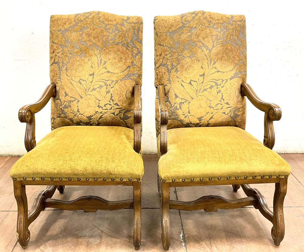 Pair Baroque Louis XIII Influenced Walnut Armchairs