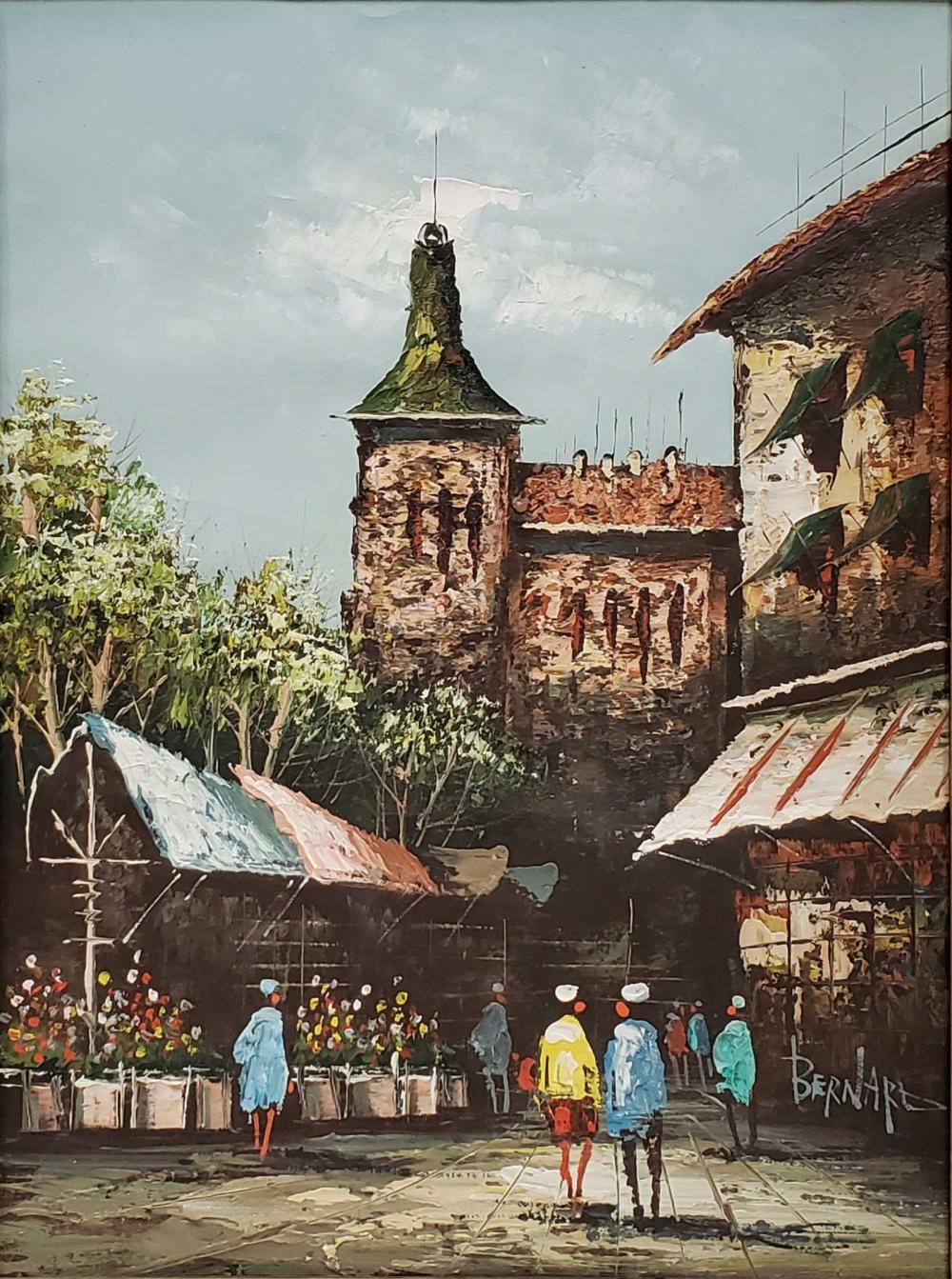 Bernard Signed City Garden Oil On Board