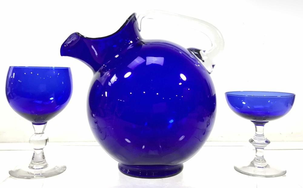 (18pc) Cobalt Blue Glass Cups & Pitcher
