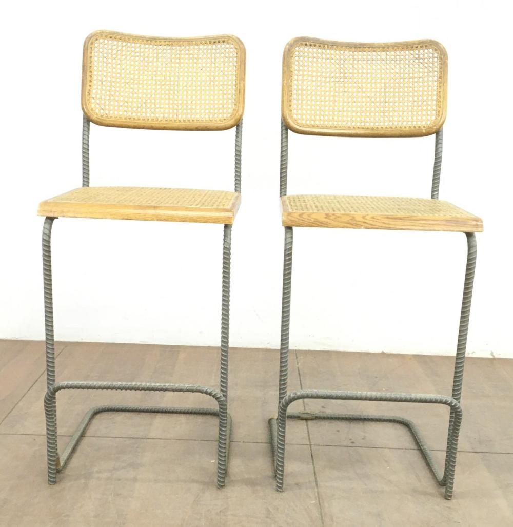 Pair Mid Century Rebar & Oakwood / Cane Barstools