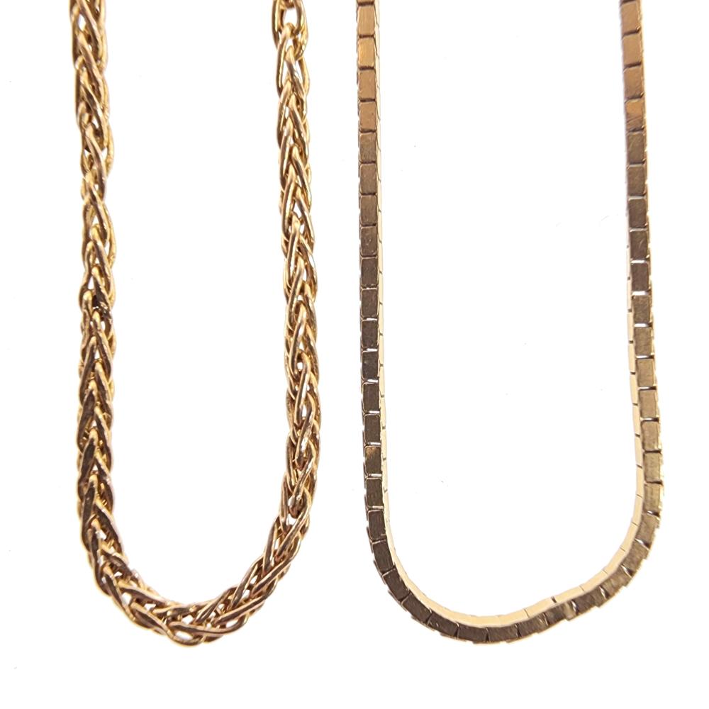 (2) 14K Yellow Gold Wheat & Box Chain Necklaces