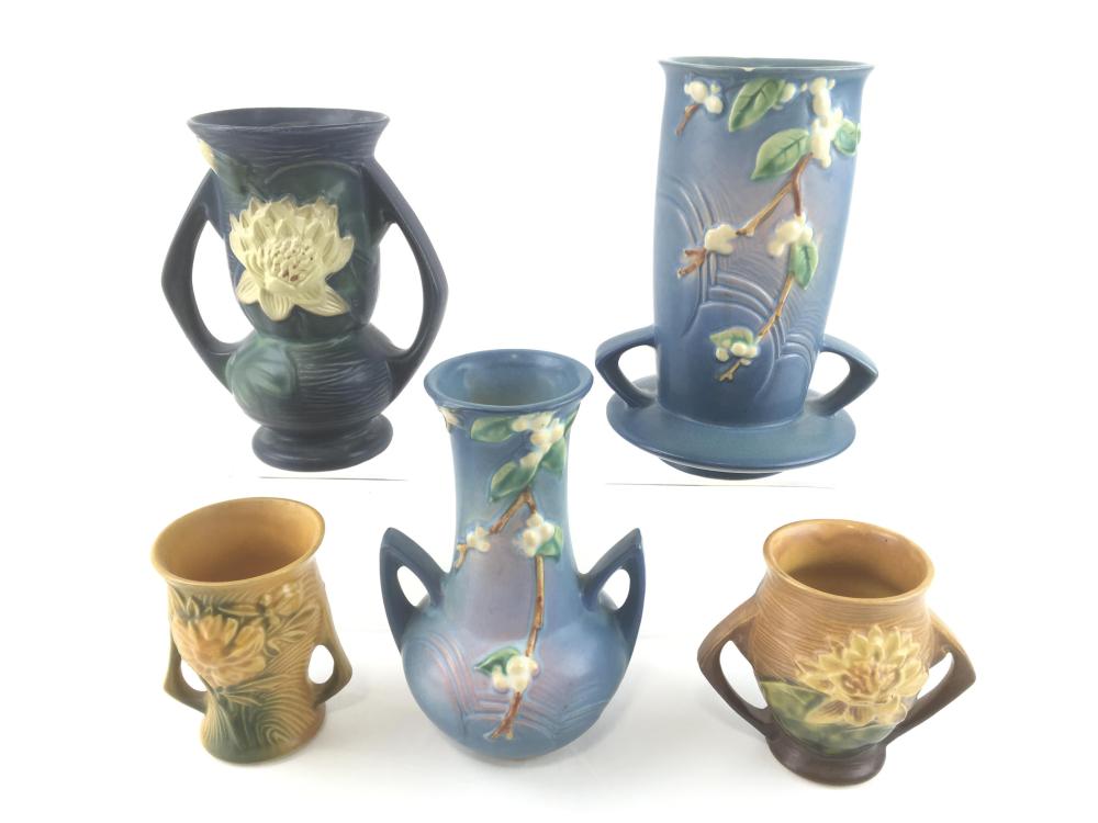 (5) Vintage Roseville Pottery Double Handle Vases