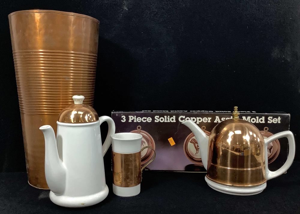 (18pc) Vintage Copper & Brass Teapots, Cups, Molds