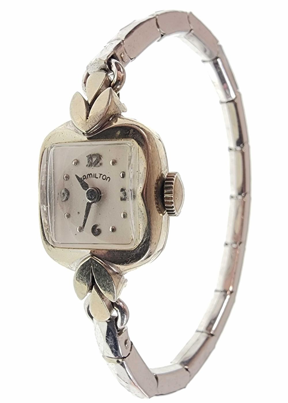10K White Gold Case Hamilton 17J Wind Up Watch