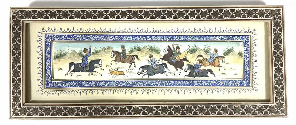 Persian Painting On Vellum w/ Parquetry Frame