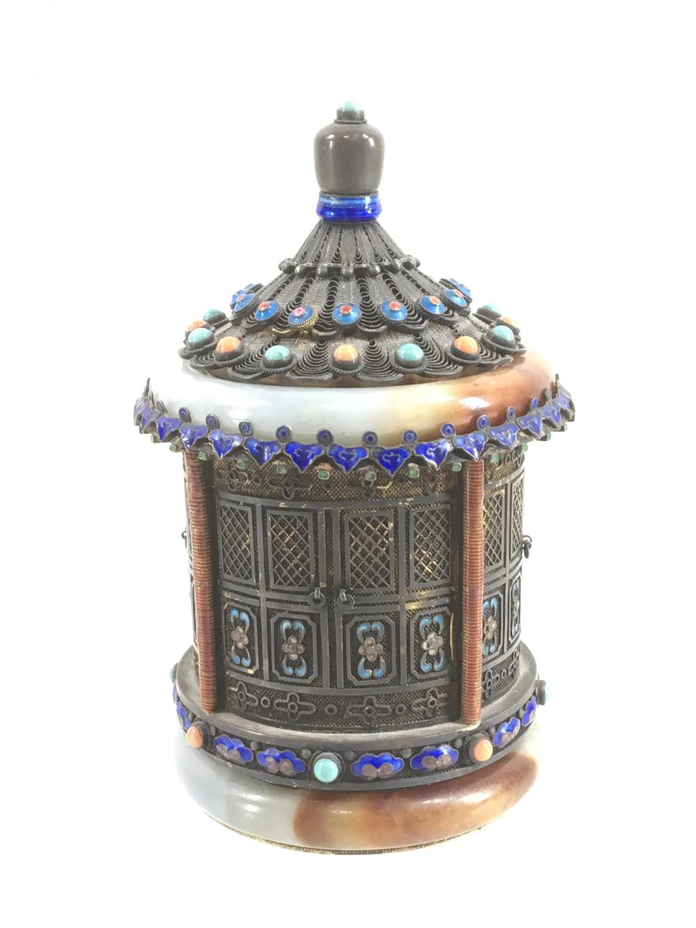 Vintage Chinese Silver, Jade & Enamel Tea Caddy