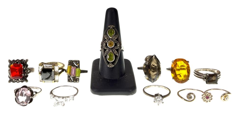 (11) Silver Rings, Smokey Quartz, CZ, Size 5-7.5