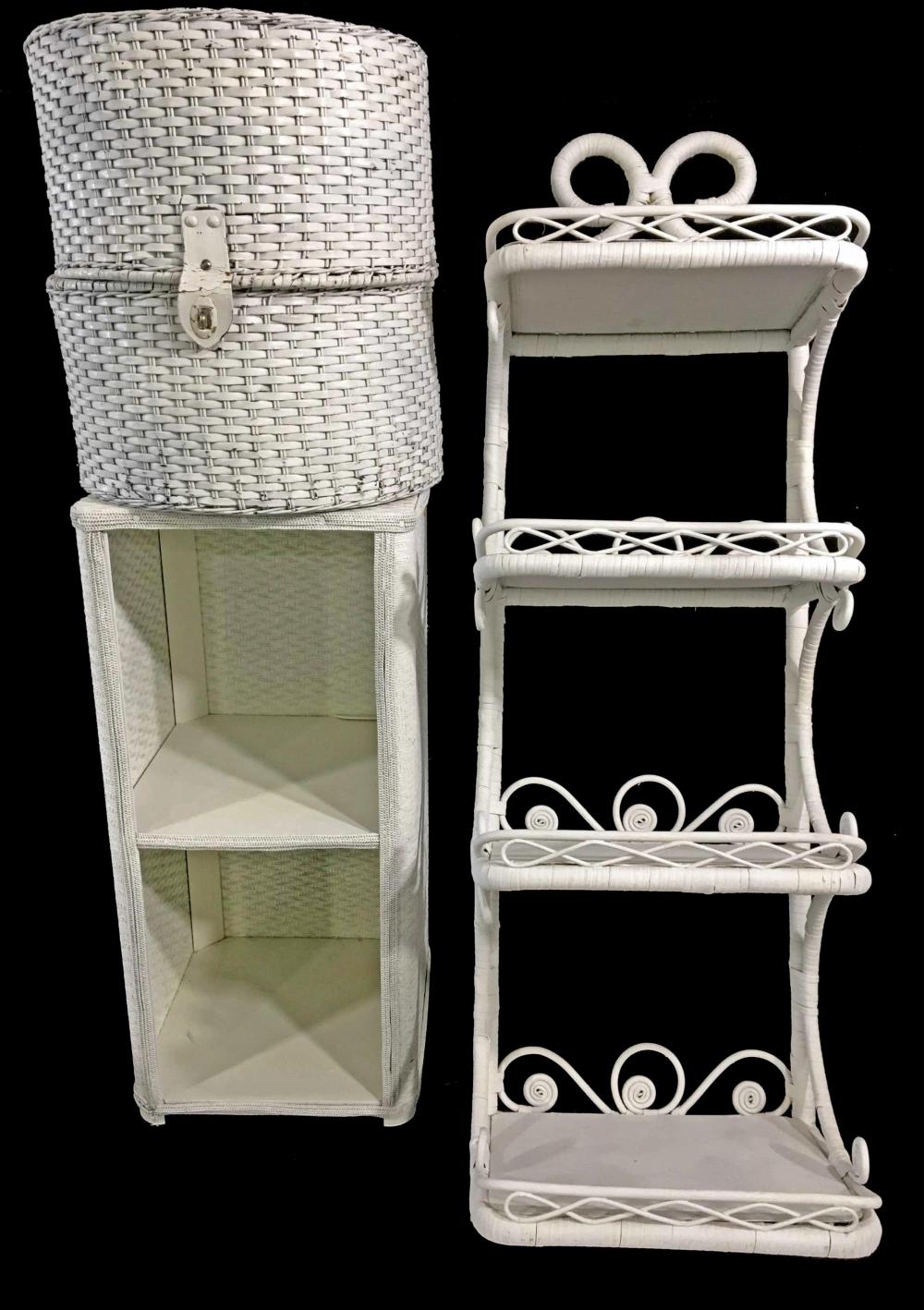 (3pc) Woven Wicker Storage, Painted Wood Shelf