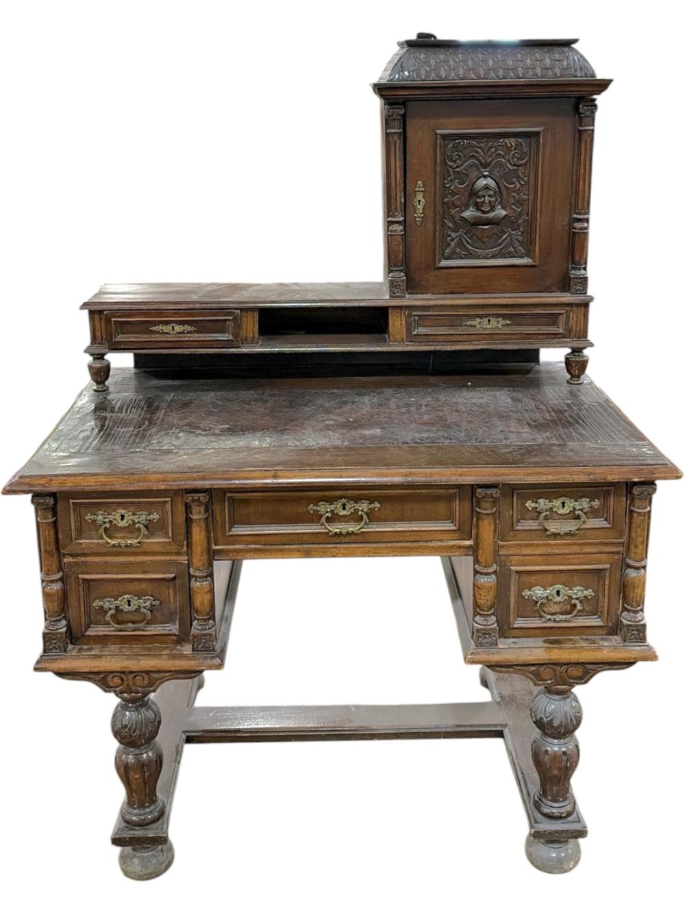 French Henri II Style Carved Oak Secretary Desk