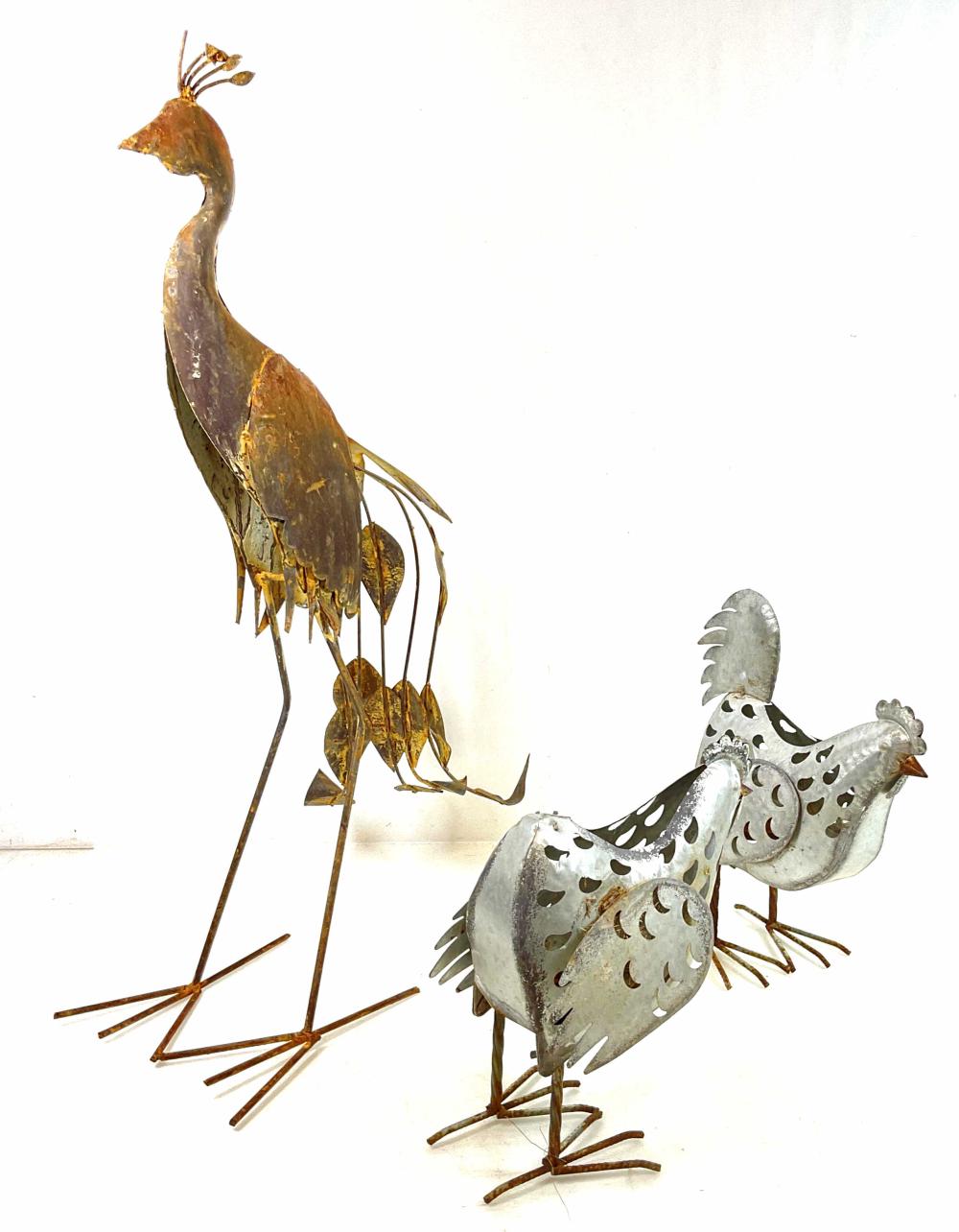 (3pc) Peacock, Chickens Metal Yard Art