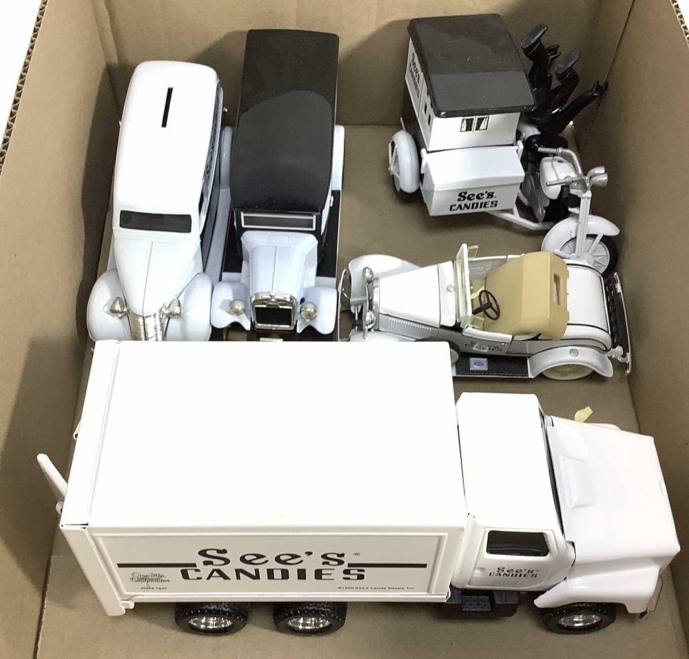 (5pc) See’s Candies Trucks, Bank, Motorcycle