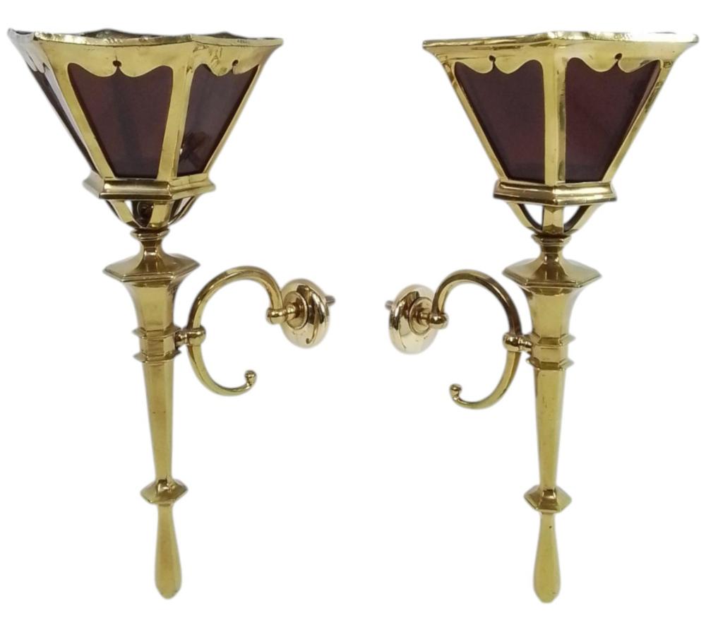 (2) Antique Tiffany & Co. Brass Gas Wall Sconces