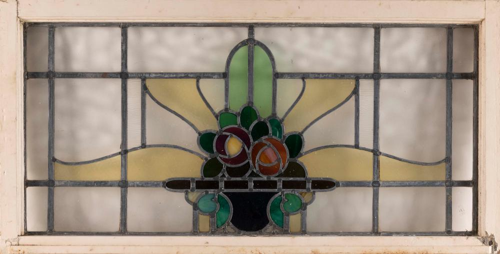 LEADED AND STAINED GLASS WINDOW Early 20th Century Height 20”. Width 40”. Depth 1.75”.