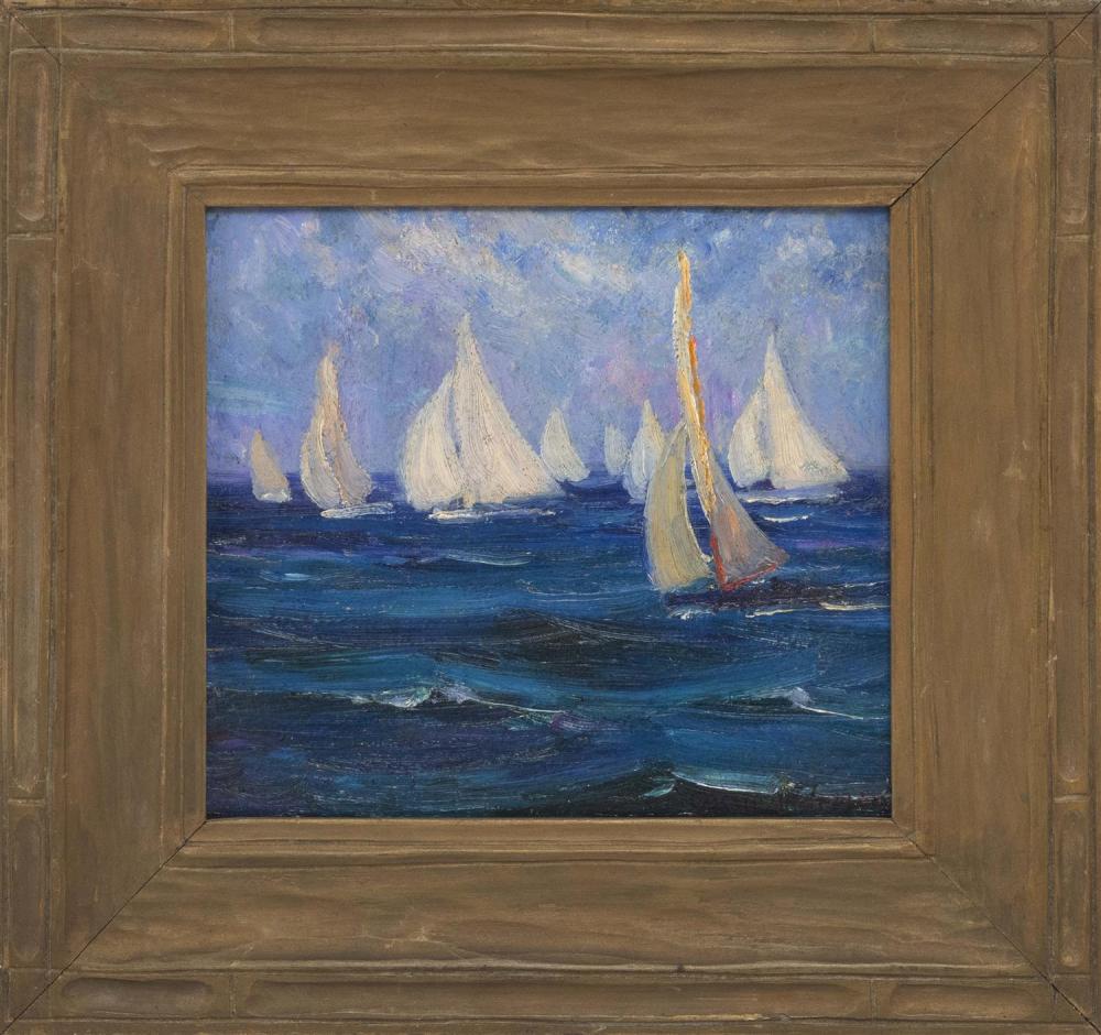 OSCAR ANDERSON, Massachusetts/Ohio, 1873-1953, "The Returning Fleet"., Oil on board, 8" x 9". Framed 13" x 14".