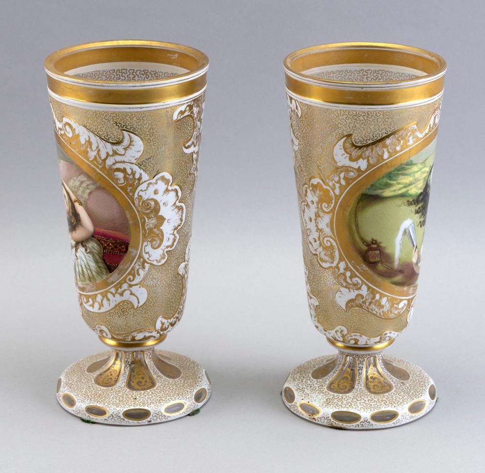 Lot PAIR OF BOHEMIAN CUT OVERLAY GLASS GOBLETS ATTRIBUTED TO MOSER