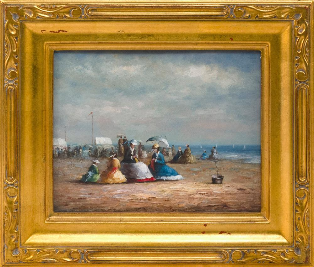 PAINTING OF A VICTORIAN-ERA BEACH SCENE Appears to be unsigned. Oil on panel, 8" x 10". Framed 12" x 14".