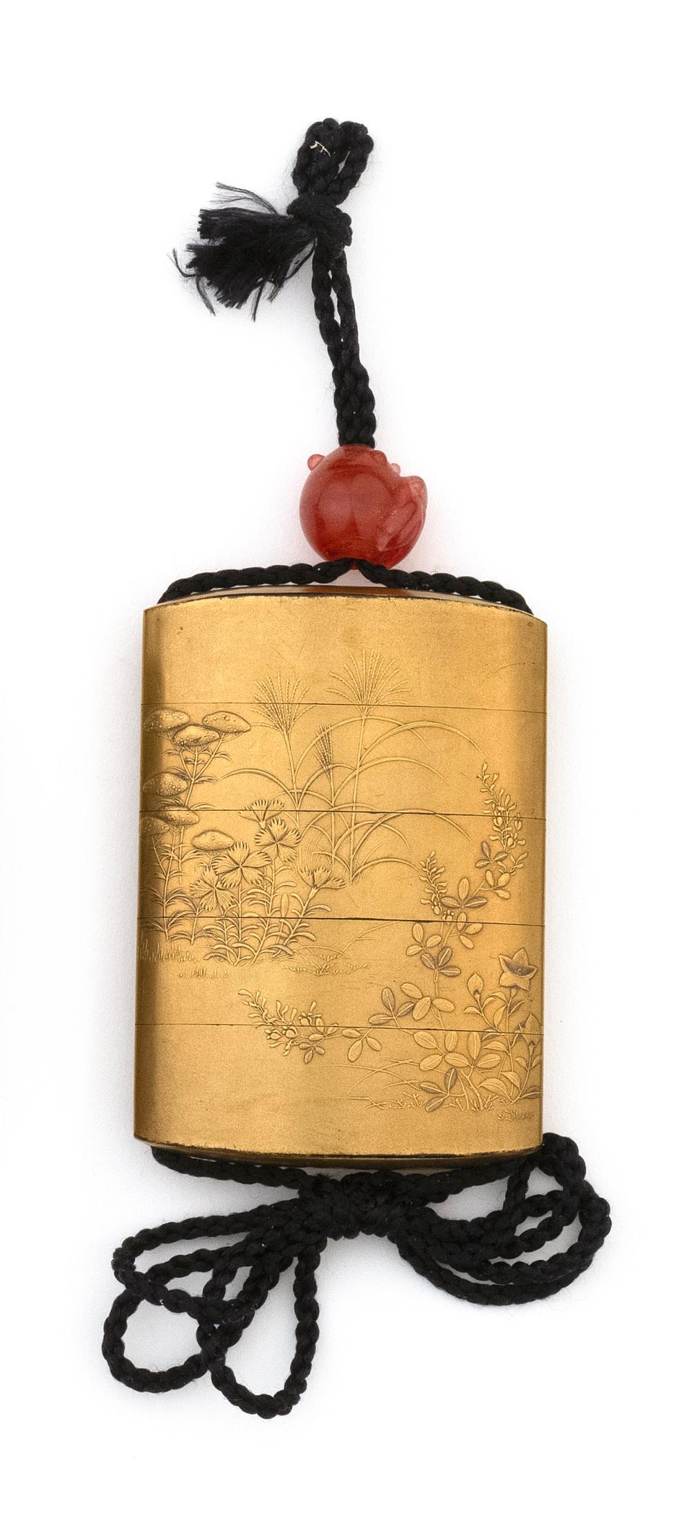 FOUR CASE GOLD LACQUER INRO With hiramaki-e floral design. Height 3". Agate ojime.